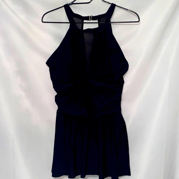 HOLIPICK WO SIZE LARGE BLACK MESH SHEER INSET RUCHED MIDDLE ONE PIECE SWIMSUIT - Picture 1 of 13